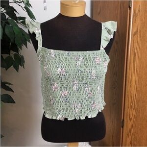 Lily Rose smocked crop top Woman’s Juniors XL sage peach blue stretch